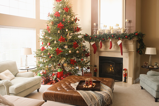 Christmas tree and decorations in living room