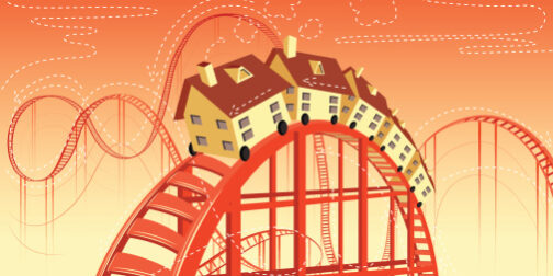 Illustrative image of houses on rollercoaster representing real estate ups and downs